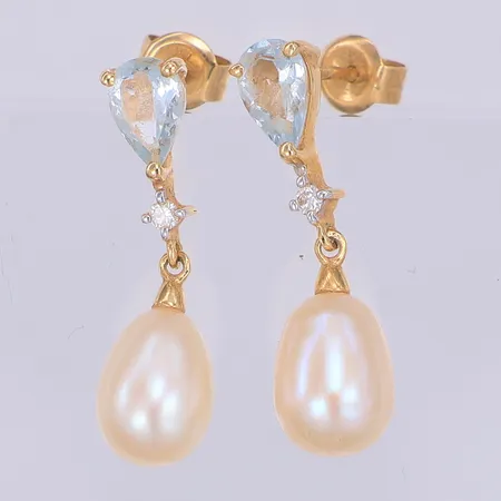 Ett par örhängen, ljusblå sten + diamanter 2 x ca 0,02ct/st, droppformad odlad pärla, 20mm, Guldfynd, 18K Vikt: 2,1 g