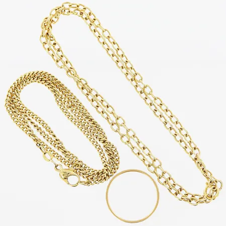 2 kedjor, 1 ring, gravyr, slitage, skevheter, 18K. Vikt: 24,5 g