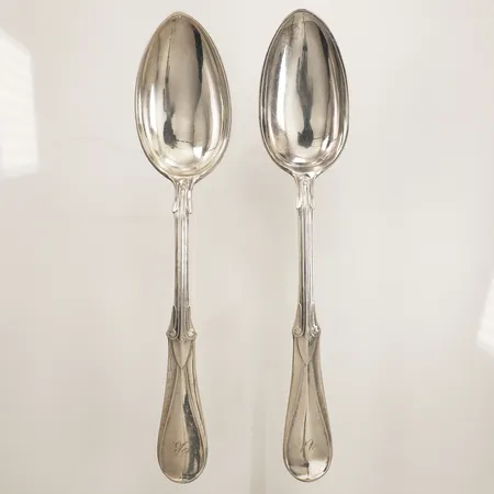Två skedar, jugenddekor, ca 22cm, W Christenssen, Danmark, gravyr, silver Vikt: 152,5 g