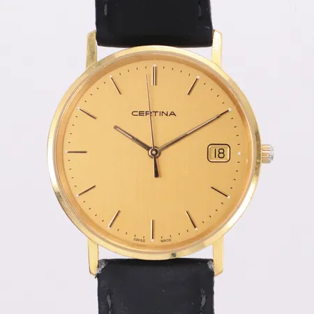 Herrur, Certina, 18K, 33,5mm, quartz (går ej), refnr EOL 158.9289.68, datum, gravyr, svart läderband, inga tillbehör