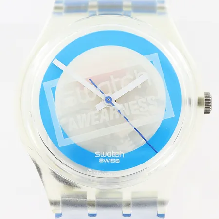 Armbandsur Swatch S 031, plast, quartz, Ø34mm, sekundvisare, plastlänk 24cm, i behov av batteribyte, manual, inga tillbehör.