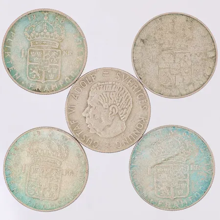 5 Mynt Gustaf VI Adolf, 1kr, Ø15mm, år 1952-68, 400/1000 silver Vikt: 34,9 g