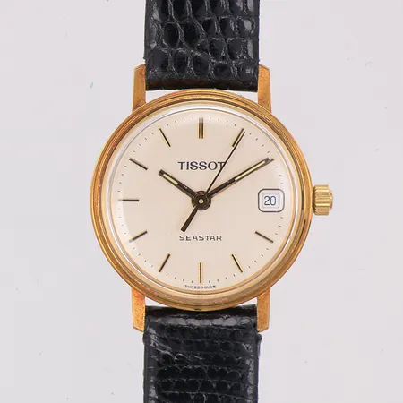 1 Damur Tissot quartz Ø22mm 14K, läderband, oanvänd, står still, låda etui