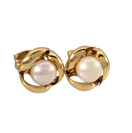 Örhängen, 18K guld, odlade Pärlor Ø 4,3 mm, blåvitrosa ton, örhängenas diameter 8 mm, olika snarlika ploppar Vikt: 1 g