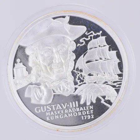 Mynt Kungariket Sverige Gustav III, maskeradbalen kungamordet 1792, 925/1000 silver, plastetui  Vikt: 27,9 g