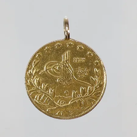 Mynt med ögla, Lira Turkiet Ø22mm, senare prägling, ögla (skev) i lägre karat, 18K/22K Vikt: 7,3 g