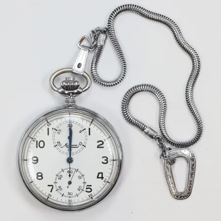 Fickur Minerva med Kronograf Ø50mm, boett nr. 503834, omkring 1900-talets mitt, stål, blånerade visare, repor, liten spricka i glaset 