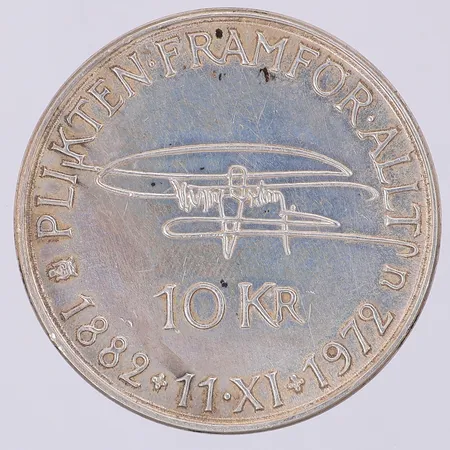 Mynt Gustaf VI Adolf, plikten framför allt, 1882-1972, nominellt värde 10kr, 835/1000 silver Vikt: 18,1 g