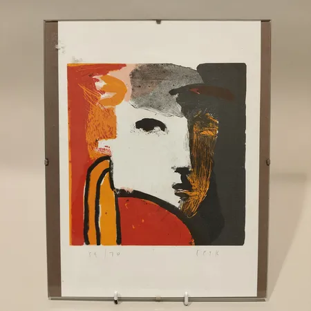Tavla Färglitografi Camilla Pyk, ansikte, signerad cpyk, numrerad 59/70, ca 30x21cm Skickas med postpaket.
