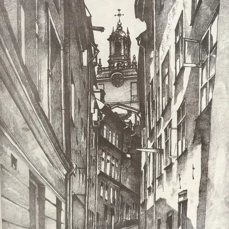 Originallitografi, Stig Jonzon, Göran Hälsinges gränd, Stockholm, rammått 43x33,5cm, bildmått 28x21cm, signerad  Vikt: 0 g