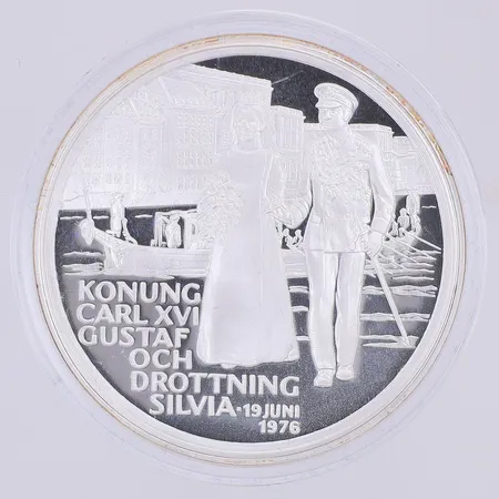 Mynt Kungariket konung Carl XVI Gustaf och drottning Silvia, 19 juni 1976, 925/1000 silver, plastetui  Vikt: 25,9 g
