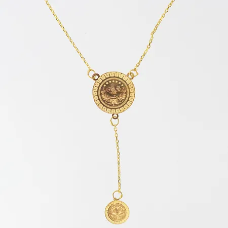 Collier med integrerade mynt, längd 44cm, bredd 0,8-12mm, 9K.   Vikt: 1,1 g