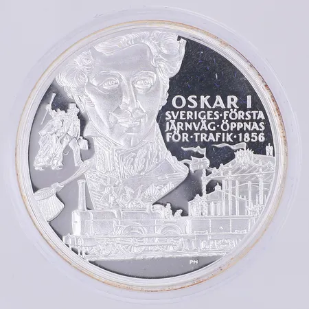 Mynt Kungariket Oskar I, Sveriges första järnväg öppnas för trafik 1856, 925/1000 silver, plastetui  Vikt: 27,2 g