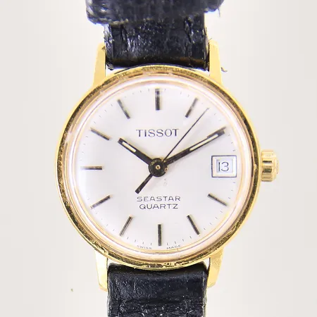 Damur Tissot Seastar, 18K, quartz, Ø22mm, läderband ej original med slitage, repig, datum, gravyr, i behov av batteribyte, inga tillbehör