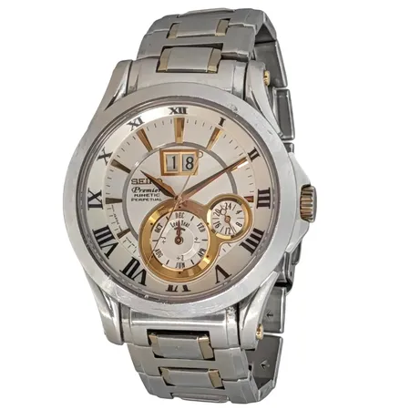 Herrur Seiko Premier Kinetic Perpetual, stål, Ø41 mm, automtisk - fullt fungerande, referensnummer 7D56-0AA0, safirglas, viklås, datum, månadskalender, extra tidszon, mycket bruksmärken, handledsmått max 17,5 cm, 