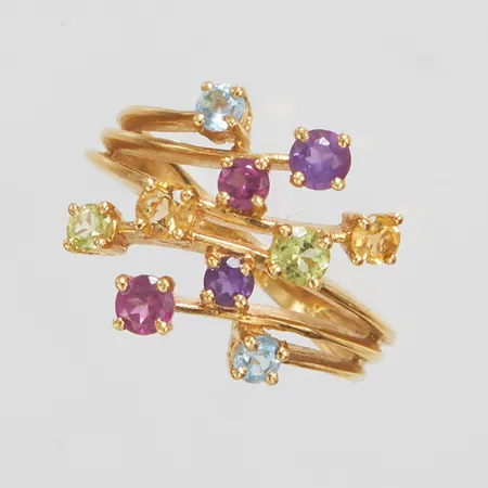 Ring med ametist, blå topas, citrin, granat samt peridot, Ø16, bredd: 2-14,5mm, 18K Vikt: 3,3 g