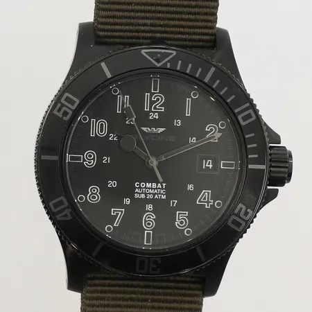 Herrur Glycine Combat Sub, stål, automatisk, 42mm, refnr GL0084, serienr 1020086, datum, tygarmband, box, ytterkartong.