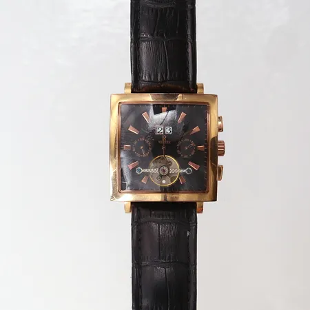 Herrur Rendex by Zeno Mechanical, Square Open Heart, automat, dag-datum-månad, ref-nr: 11418, guldpläterat stål, läderband.