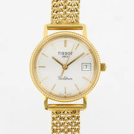 Damur Tissot 24mm, datumfönster, quartz, 18K i boett och länk, 18cm, bredd: 19mm, extra läderband med originalspänne, graverad bakboett, etui medföljer 