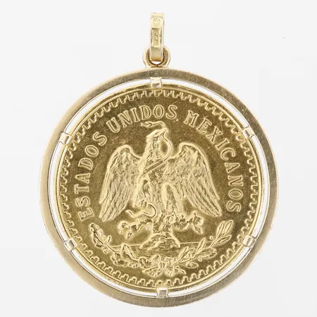 Hänge med mynt, 50 Pesos, 21K guld, vikt: 37,5gr, ram i 18K guld, totalt: ca 16,1gr, bruttovikt: 53,6 gram Vikt: 53,6 g