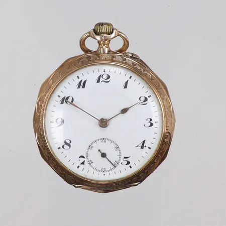 Fickur s.k "mormorsur" 14K Ø34mm boett nr. 11150, manuell uppdragning, gravyr, innerboett i metall, ställknapp, ca år 1890/1900 bruttovikt 27,5g