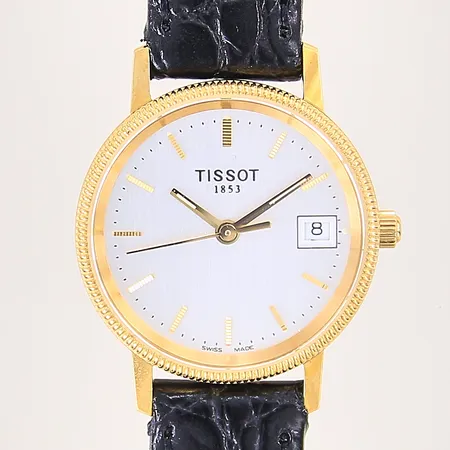 Damur Tissot, 18K, quartz, boett-nr: H635330, läderband, datum, gravyr, batteribyte krävs, gravyr, etui Vikt: 0 g