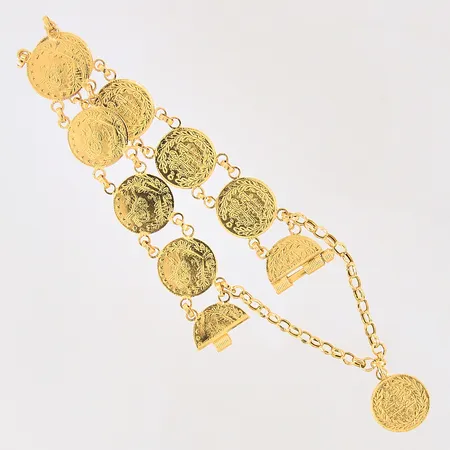 Armband med nio mynt samt två halvor av ett mynt, längd ca 18cm, bredd 15mm, säkerhetskedja, 21K  Vikt: 20,7 g