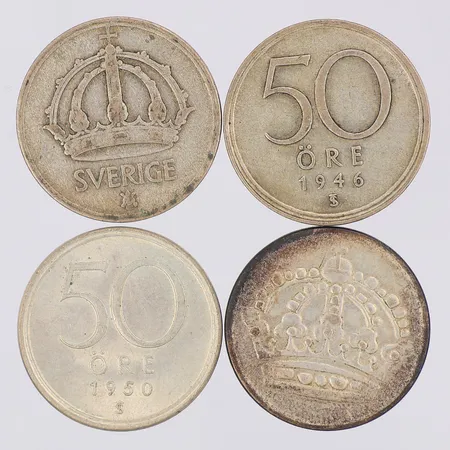 4 mynt nominellt värde 50 öre, 400/1000 silver Vikt: 19,1 g
