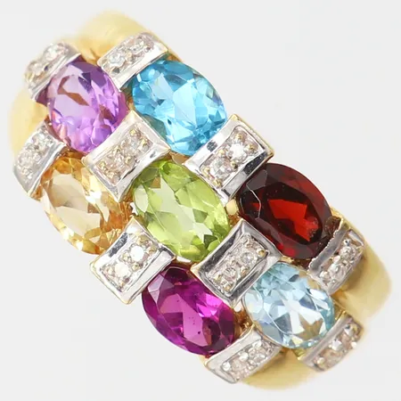 Ring med ädelstenar, Ametist, Citrin, Topas, Peridot, Rhodolit granat, samt 8/8-slipade diamanter 20 x 0,01ct, stl: 19, bredd 2-11mm, GHA, 18K. Vikt: 5,2 g