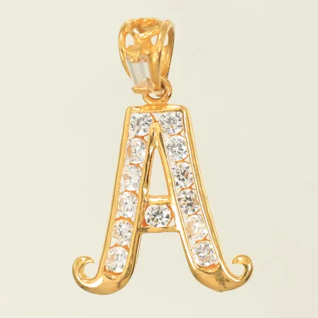 Hänge "A" med vita stenar, längd 20mm inkl ögla, bredd 16mm, 21K, 2g bruttovikt