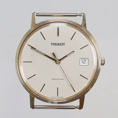 Herrur Tissot Seastar 14K Ø33,5mm, gravyr, datum, quartz (går ej), glas med repor, smärre slitage, utan länk 