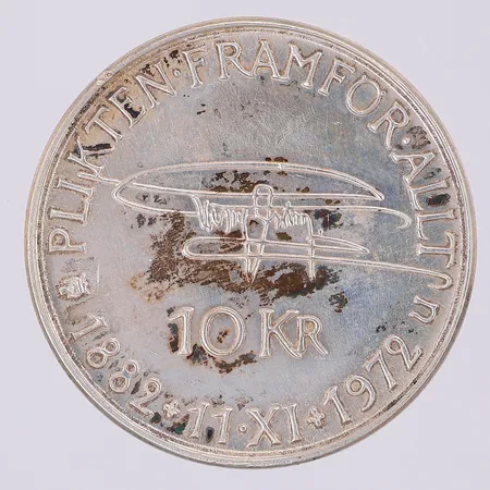 Mynt Gustaf VI Adolf, plikten framför allt, 1882-1972, nominellt värde 10kr, 835/1000 silver Vikt: 18,1 g