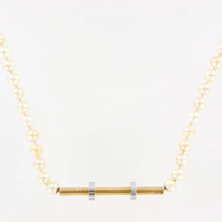 Collier med syntetiska pärlor Ø6mm 78cm, lås 65mm bredd: 5mm 18K, metallringar ej medräknade i vikten Vikt: 6,1 g