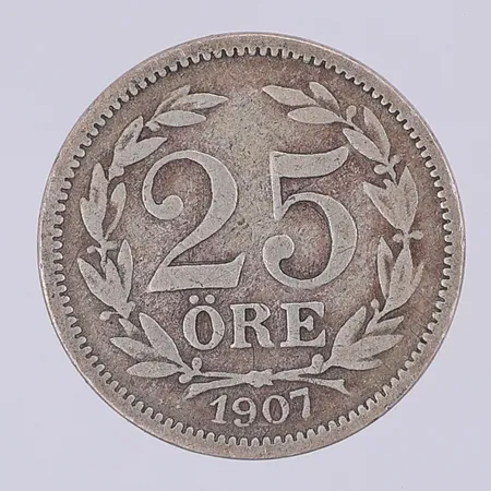 Mynt nominellt värde 25 öre, Sveriges val 1907, 600/1000 silver Vikt: 2,3 g