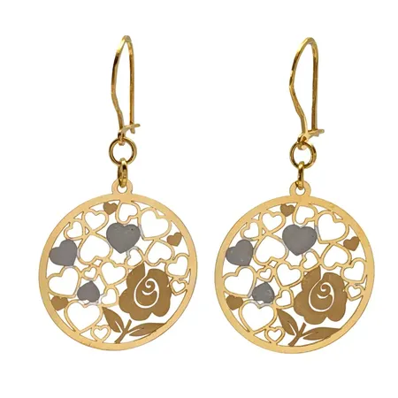 Örhängen, 18K guld, modell med hängande cirklar Ø 25 mm, dekor av Hjärtan och Rosor, total längd 49 mm, utrikisk finhaltstämpel, fint skick Vikt: 3,7 g