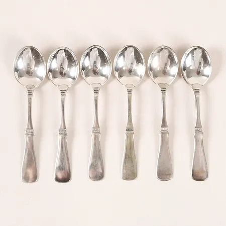 Sex kaffeskedar, modell Uppsala, MGAB, Lidköping, längd 11cm, slitage.  Vikt: 68,2 g