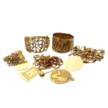 Diverse guldsmycken 14-18K, halsband hänge, 18K 4,4g, övrigt 14K, 11,1g, defekter/gravyrer förekommer, 