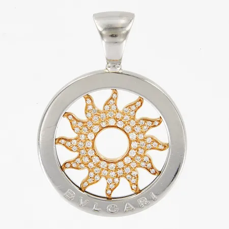 Hänge Bvlgari, Tondo Sun Diamond, diamanter ca 0,60ctv, tvåfärgad, 44mm Ø32mm, bruksrepor, 18K Vikt: 13 g