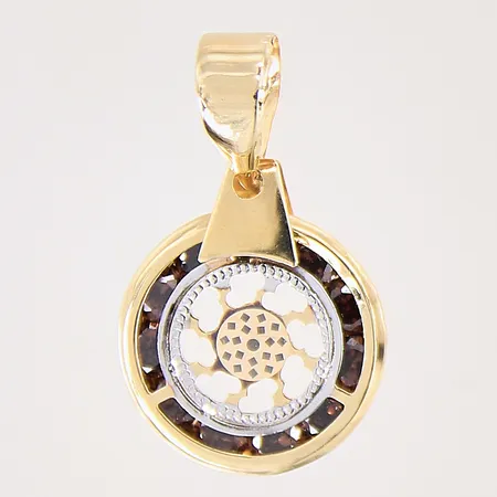 Hänge med bruna stenar samt genombruten dekor, 27x17mm, smärre bucklor, tvåfärgat, 18K Vikt: 2,3 g