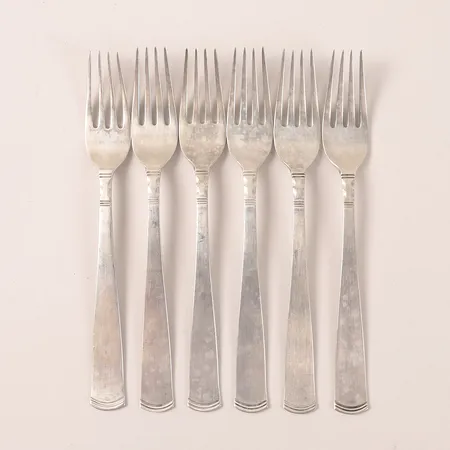 Sex bordsgafflar, modell Rosenholm, GAB, Eskilstuna, längd 17,5cm, slitage, silver.  Vikt: 222,7 g