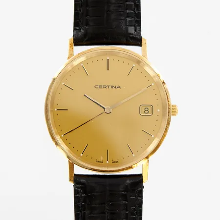 Herrur Certina Ø34mm, datumfönster, 14K i boett, läderband och originalspänne