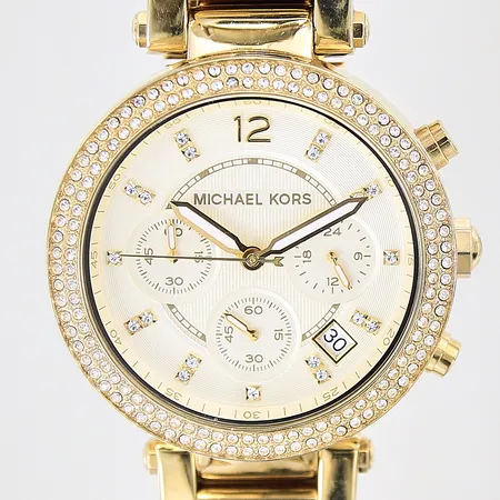 Damur Michael Kors, stål, quartz, ref-nr: MK-5354, Ø39mm, index samt bezel med kristaller, datum, kronograf, sekundvisare, stållänk, viklås, mineralglas, något repig boett samt länk, batteribyte krävs, inga tillbehör