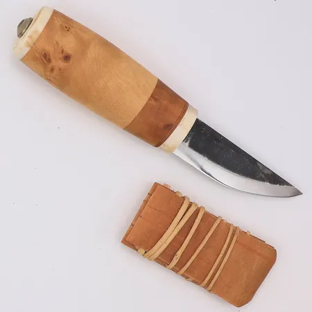Samekniv ej signerad 15,5cm, handtag trä och renhorn, slida av bark