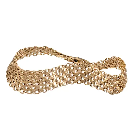 Armband X-länk, 18K guld, femradig modell, Esto Ab Guldvarufirman (FE), Stockholm, svensk kontrollstämpel, längd knäppt 19,0 cm, bredd 14 mm, uppbyggnad 1,2 mm, fint skick Vikt: 22,1 g