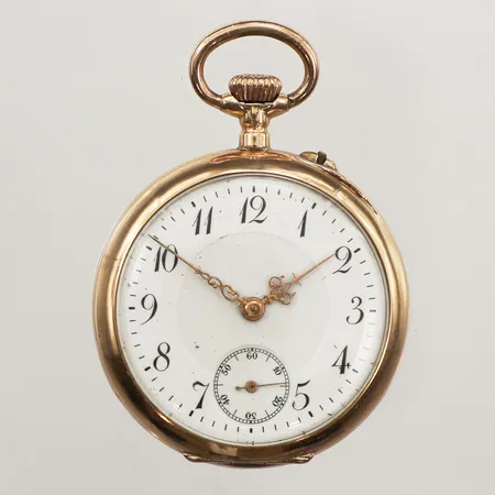 Mormorsur, boett i 14K, manuell, 33mm, boettnr 246168, liten sekundvisare, innerboett i metall, gravyr, skadad urtavla, skada och buckla på boett, bruttovikt 28,5g 