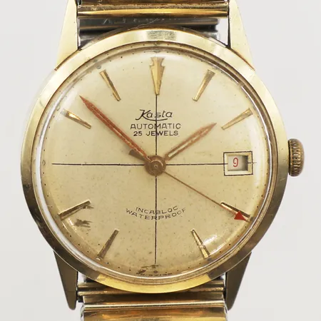 Armbandsur Kasta 14K, automatisk, 32mm, datum, skadat plexiglas och urtavla, buckligt flexarmband i stål, inga tillbehör.