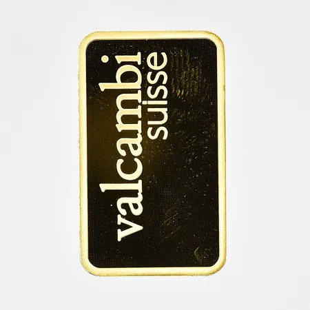 Guldtacka Valcambi Suisse, nr AA612122, Fine gold 999,9 Essayeur Fondeur, inköpt 2025, bruten plombering, 24K Vikt: 5 g