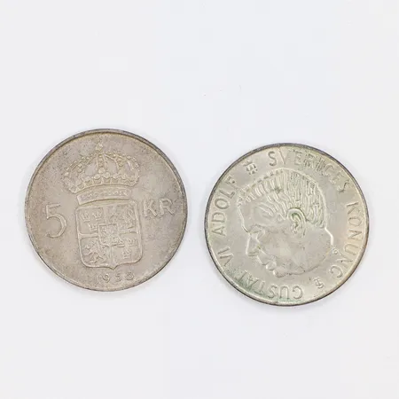 Två 5 kronor 1954/1955, silver, 400/1000 Vikt: 36 g