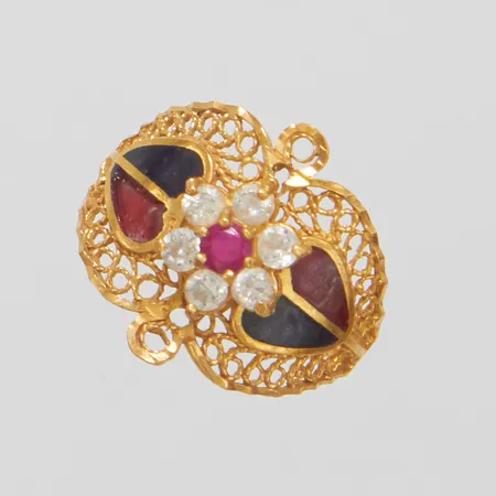 Ring, rörlig del med rosa samt vita stenar, emaljdetaljer med några små skador, Ø18, bredd:3,1-17,3mm, 22K  Vikt: 4,5 g