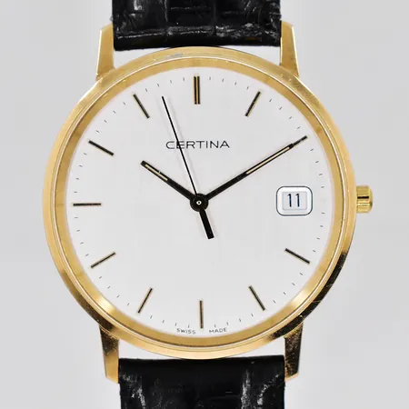 Herrur Certina 14K, quartz, datum, graverad boett, läderband, står still, medföljande box